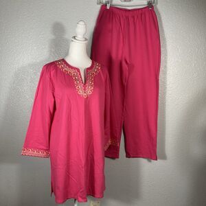 Stan Herman Sweater Knit Tunic Legging Lounge Set S Embroidered Resort Vacation